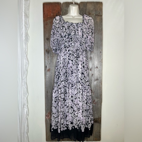 By Anthropologie Square neck Smocked Midi Dress Blank Pink Floral Chiffon XS - Picture 4 of 14